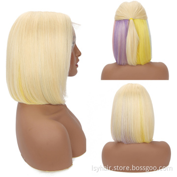 Ombre Blonde Rainbow Mix Color Human Hair Lace Front Bob Wigs, 100% Virgin Hair Wigs 613 Remy Hair Short Bob Wigs